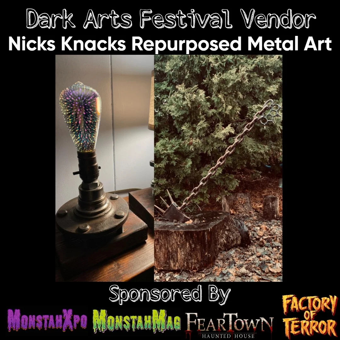 Poster for the Dark Arts Festival Vendor features a vintage-style lamp with a glowing, colorful, exploded light bulb on the left, and a rusty chain embedded in a tree stump on the right. Sponsoring organizations include MonstahXPo, MonstahMaG, FearTown Haunted House, and Factory of Terror.