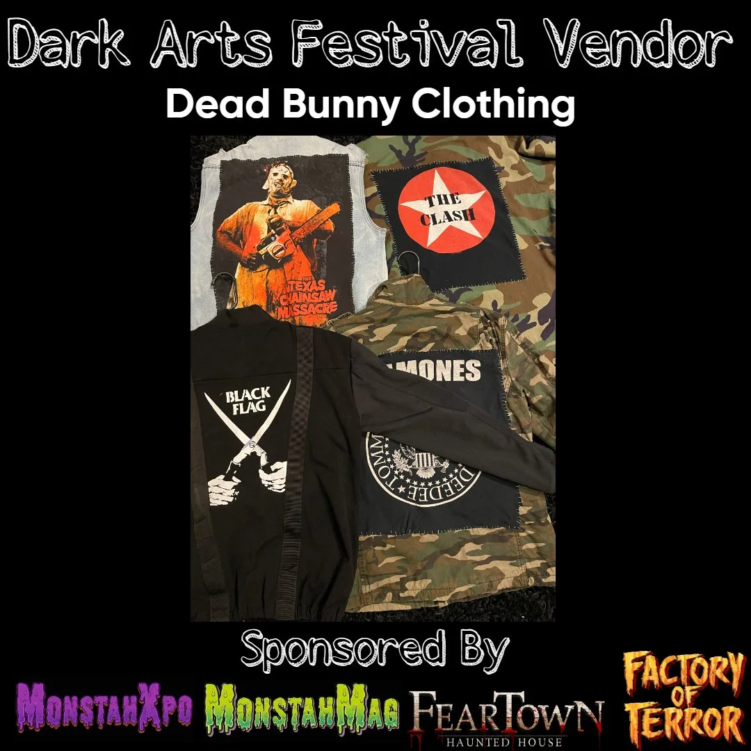 Clothing items themed around punk and horror, including patches with bands and horror imagery, on a promotional poster for the Dark Arts Festival Vendor.