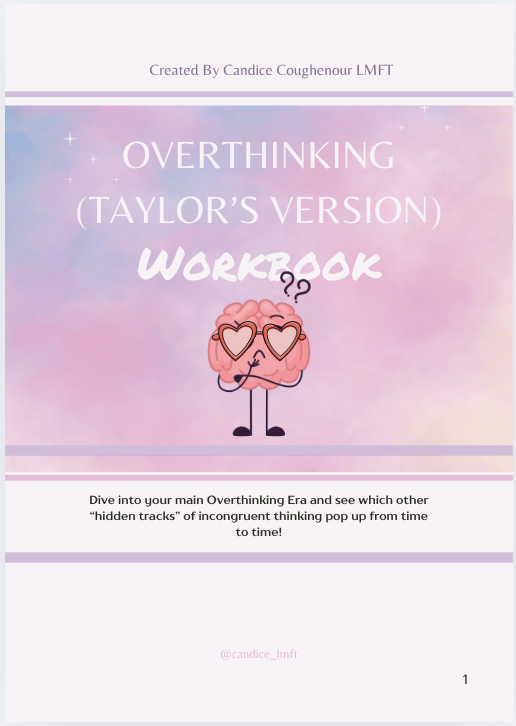 Cover page of a workbook titled "Overthinking (Taylor's Version)" with a pink brain character wearing heart-shaped sunglasses and a questioning expression, set against a pastel pink and purple background.