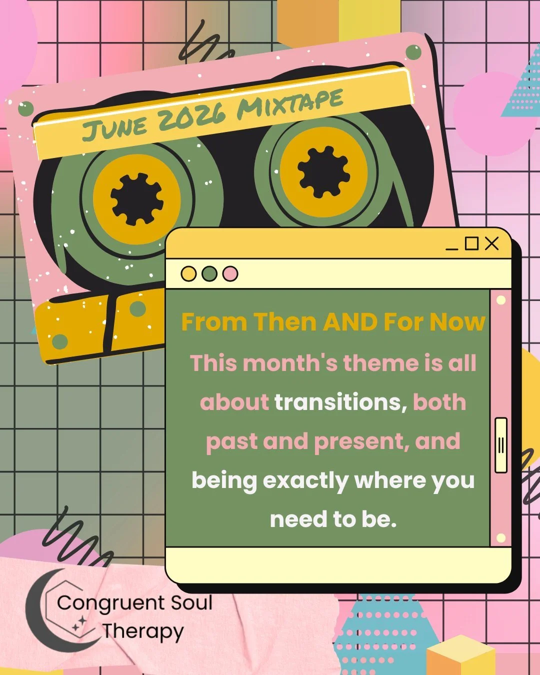 June 2026 Congruent Soul Mixtape is here 

A therapy-inspired monthly reset for anxiety, overthinking, people-pleasing, burnout, and emotional overwhelm.

Affirmation music. Short Exercises. Tid Bit of Tarot. Journal Prompts

From Then AND For Now.
F