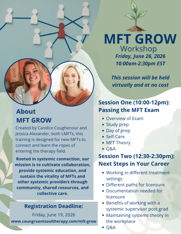Flyer for MFT GROW Workshop on June 26, 2026, from 10:00am to 2:30pm EST, held virtually and at no cost, with two sessions covering exam passing and career steps. Contains photos of two women, a tree illustration, and text about the event.