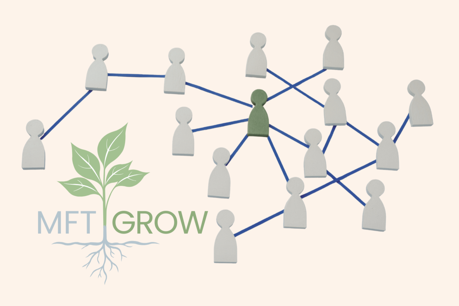 Illustration of a network of grey human figures connected by blue lines, with one green figure at the center. There is a logo with a green plant and the text 'MFT GROW' to the lower left.