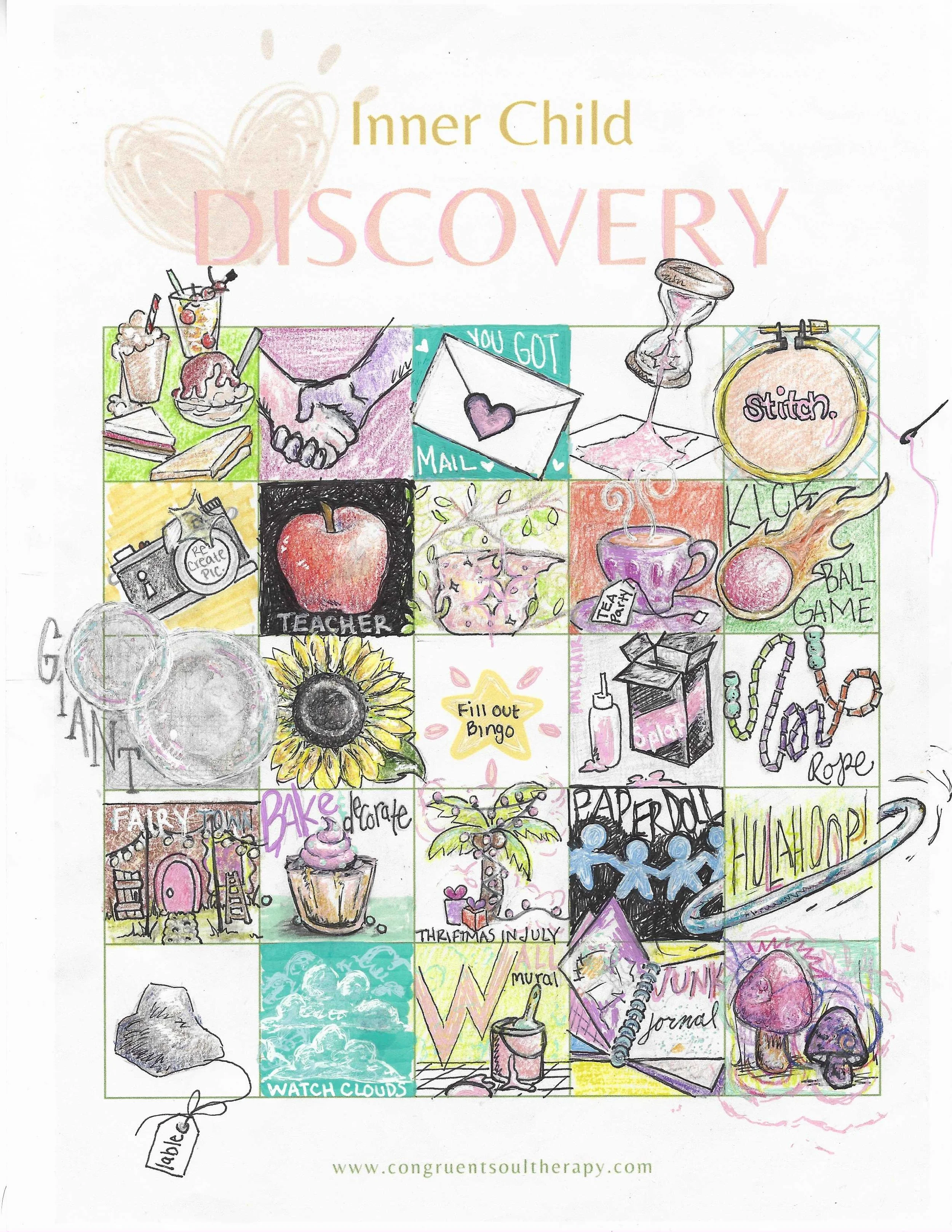 Colorful illustrated grid with various doodles and words related to inner child discovery, including images of a handshake, envelope with heart, paintbrush, camera, apple, tea, fireball, balloon, sunflower, bingo, candy, and mushrooms, along with words like 'stitch', 'teacher', 'decorate', and 'hope'.