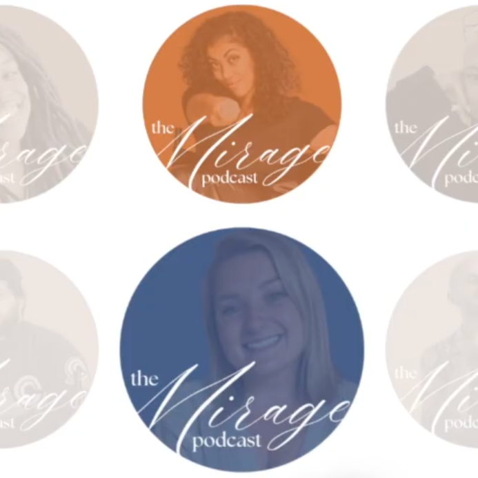 Logo for 'The Mirage Podcast' featuring images of women in circular frames with different background colors.
