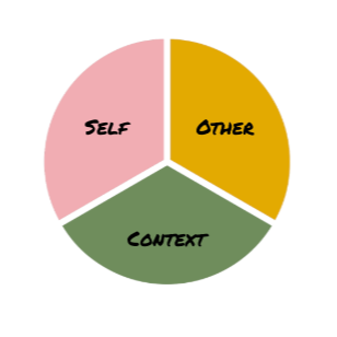 A pie chart divided into four sections labeled Self, Other, Context, with pink, yellow, and green colors.