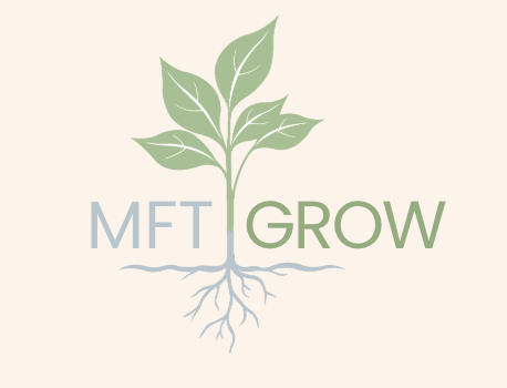 A graphic of a plant with green leaves and roots, with the words 'MET GROW' integrated into the design.