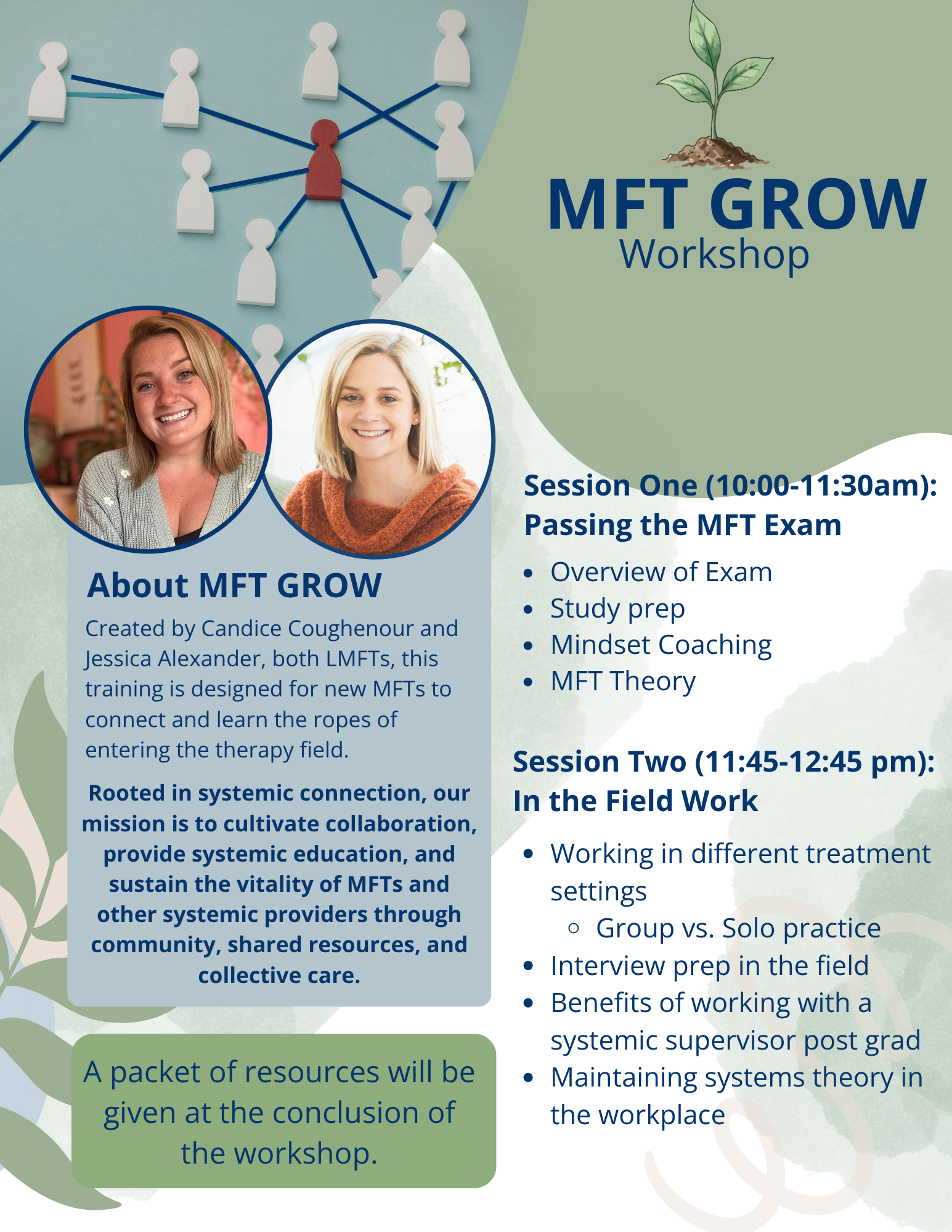 Flyer for MFT GROW Workshop featuring a network diagram with several white and one red connection points, and photos of two smiling women, with details about workshop sessions and topics related to systemic therapy and mental health training.