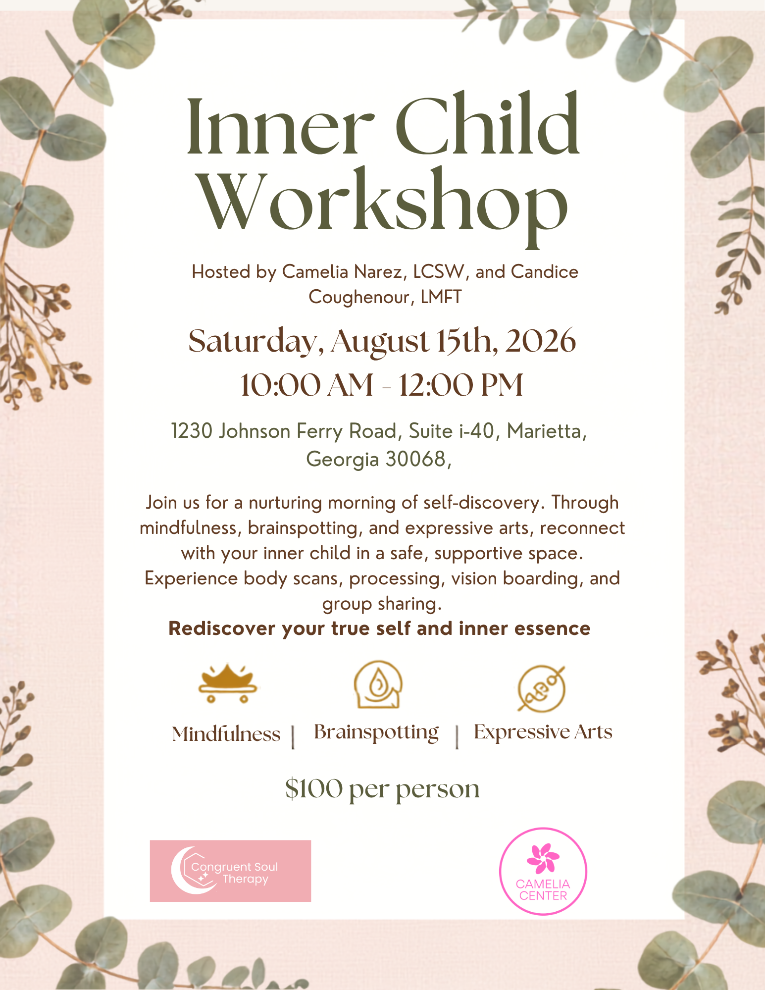 Rediscover Your Inner Joy
Mindfulness · Brainspotting · Expressive Arts
An Inner Child Healing Workshop
Saturday, August 15, 2026 · 10:00 AM–12:00 PM

1230 Johnson Ferry Road, Suite I-40
Marietta, GA 30068