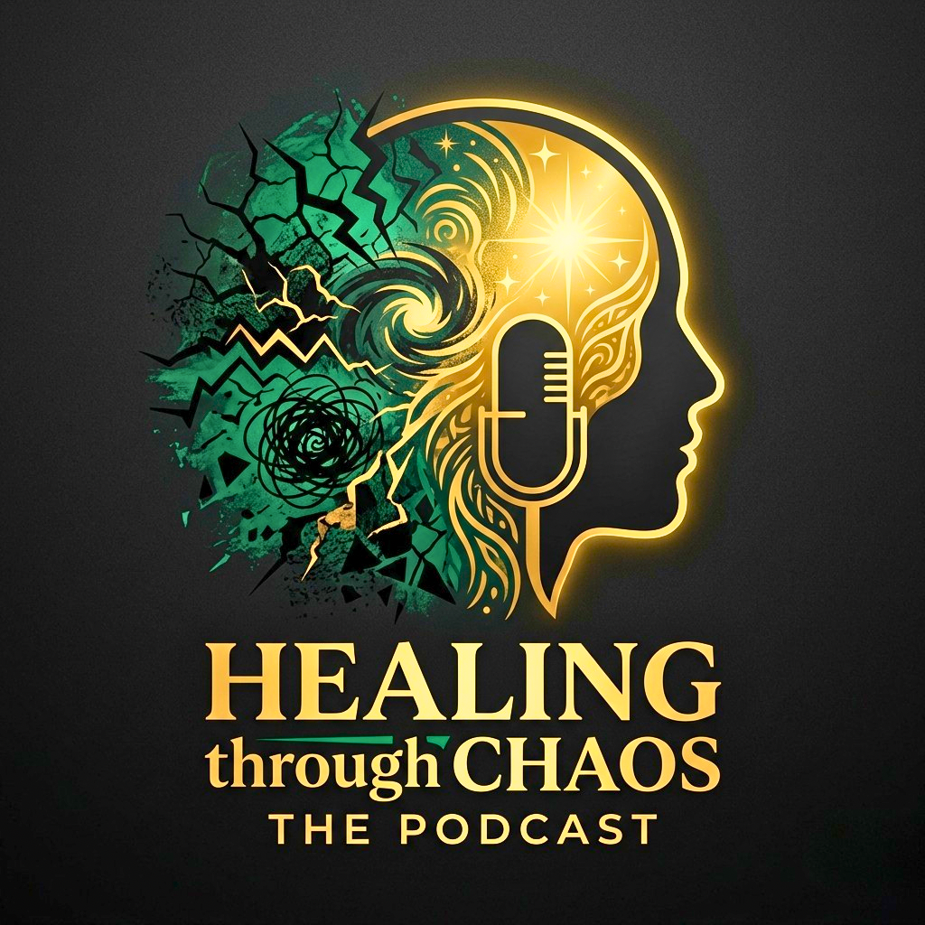 Logo for 'Healing through Chaos' podcast featuring a human head outline with a microphone inside, one side filled with chaotic patterns and the other side glowing with stars and light.