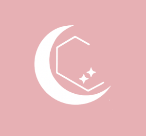 White crescent moon with two stars inside on a pink background.