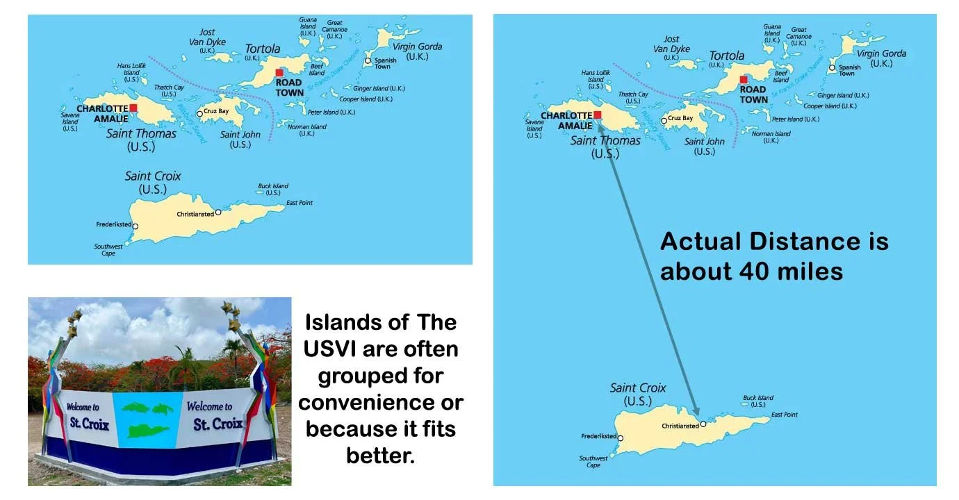 A map of the Caribbean showing the frequently displayed US Virgin Islands relative positions and the actual distance to Saint Croix from Saint Thomas and Saint John