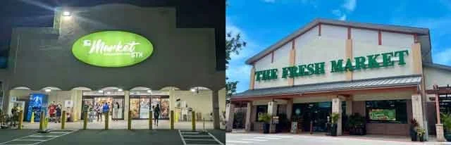 Two grocery stores, The Market STX on St Croix, USVI, and The Fresh Market in Miami, FL, seen from the outside with parking lots in front.