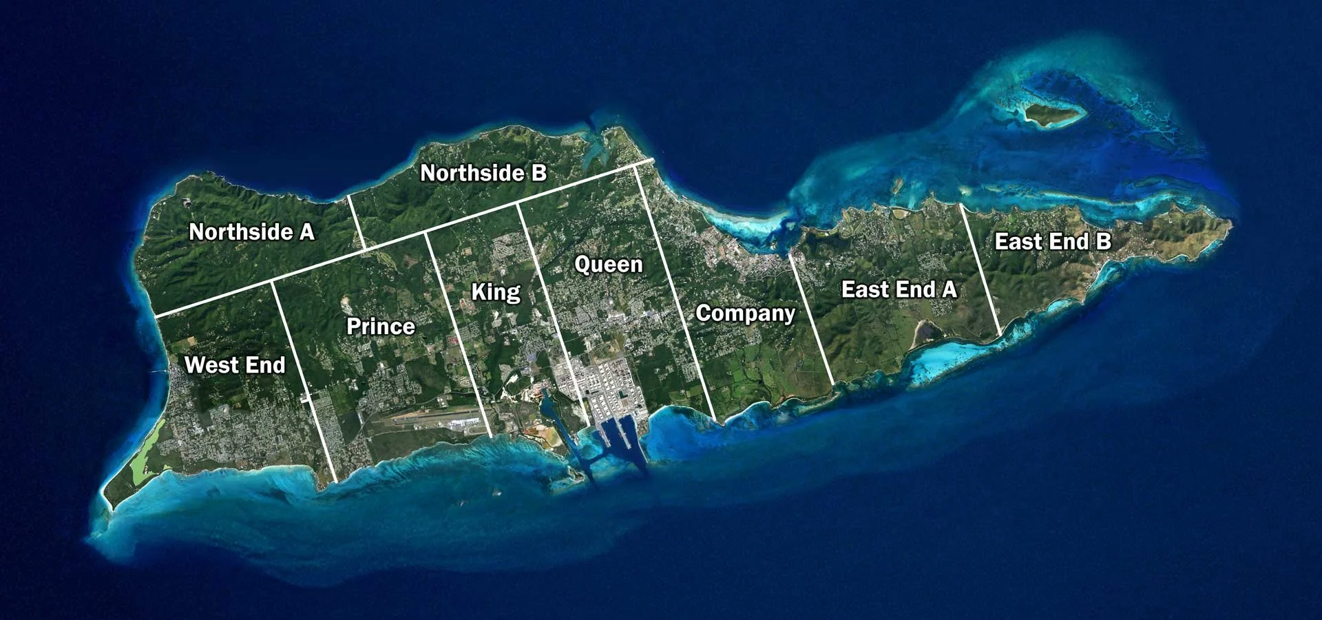 Map of St Croix USVI with quarters identified.