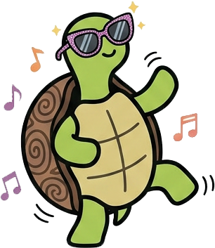 Turtle Bluff cartoon turtle wearing sunglasses, dancing among musical notes