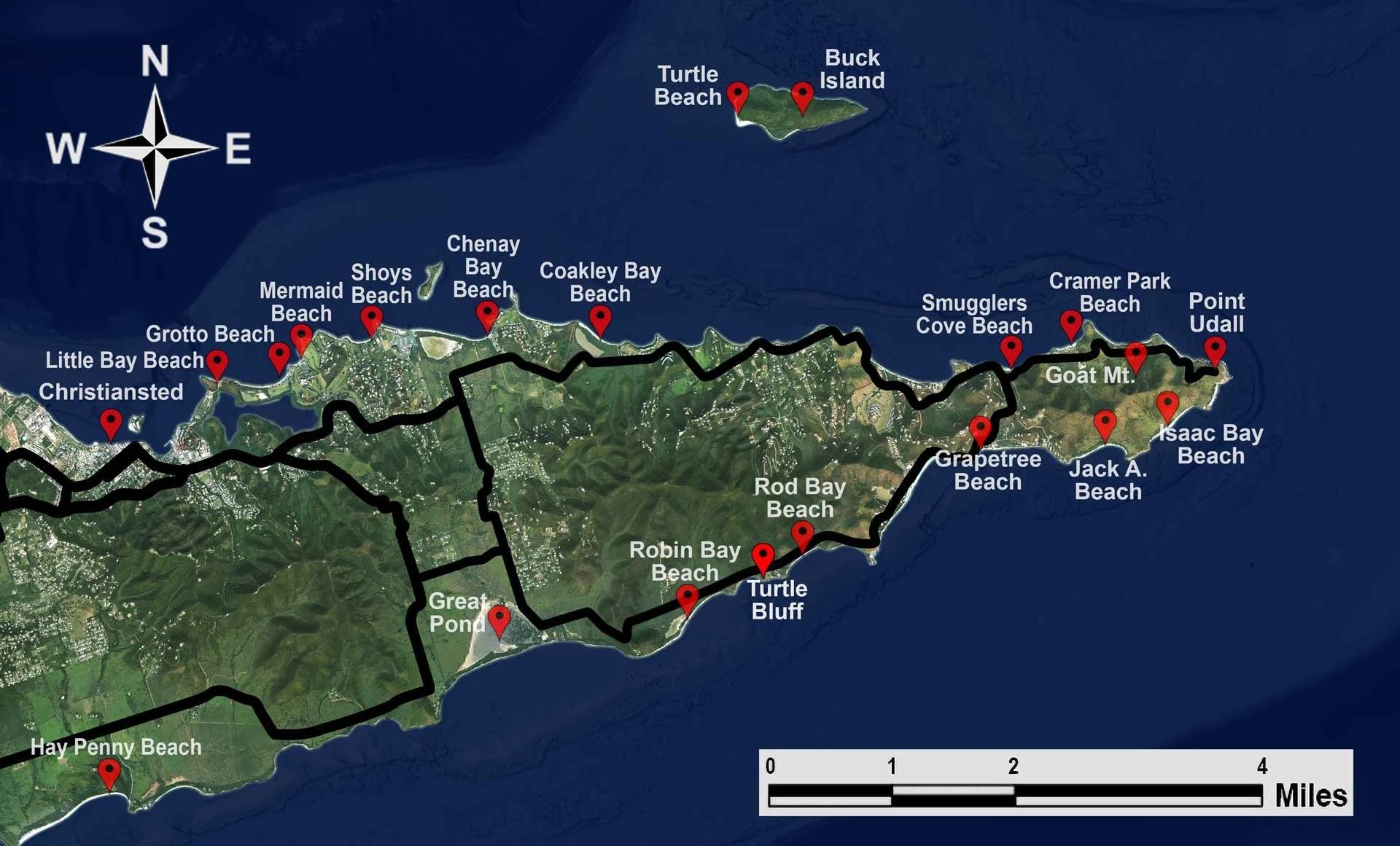 Map of the east end of St Croix featuring named beaches within 5 miles of Turtle Bluff