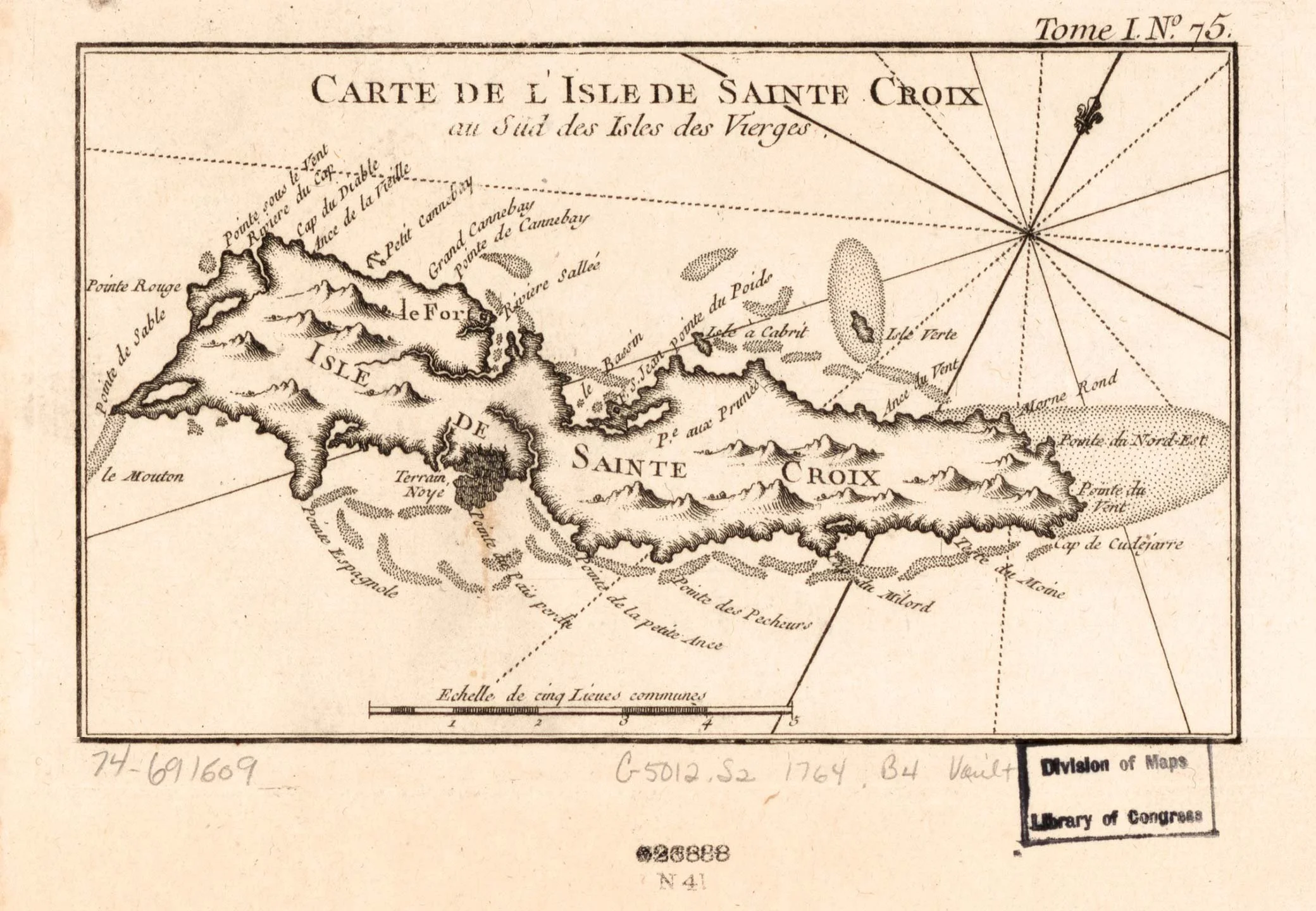 Historical French map of St Croix, USVI with labeled geographic features in french.