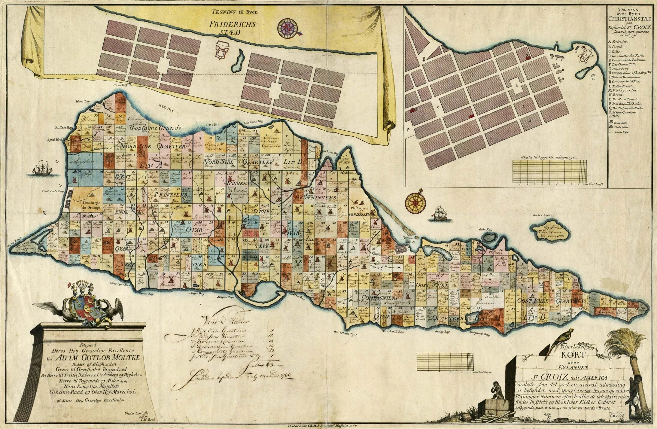 A historical map of the island of St Croix, USVI with points of interest, estates (neighborhoods), streets, canals, and land divisions, with detailed labels and decorative elements such as coat of arms and ships.