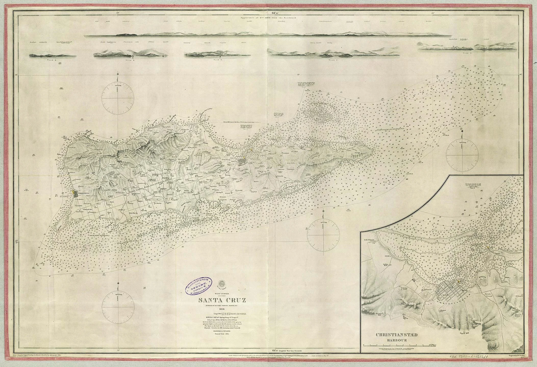 A historical nautical chart of St Croix, including topographical details, depth contours, and navigational aids, with elevation views of coastal terrain at the top.