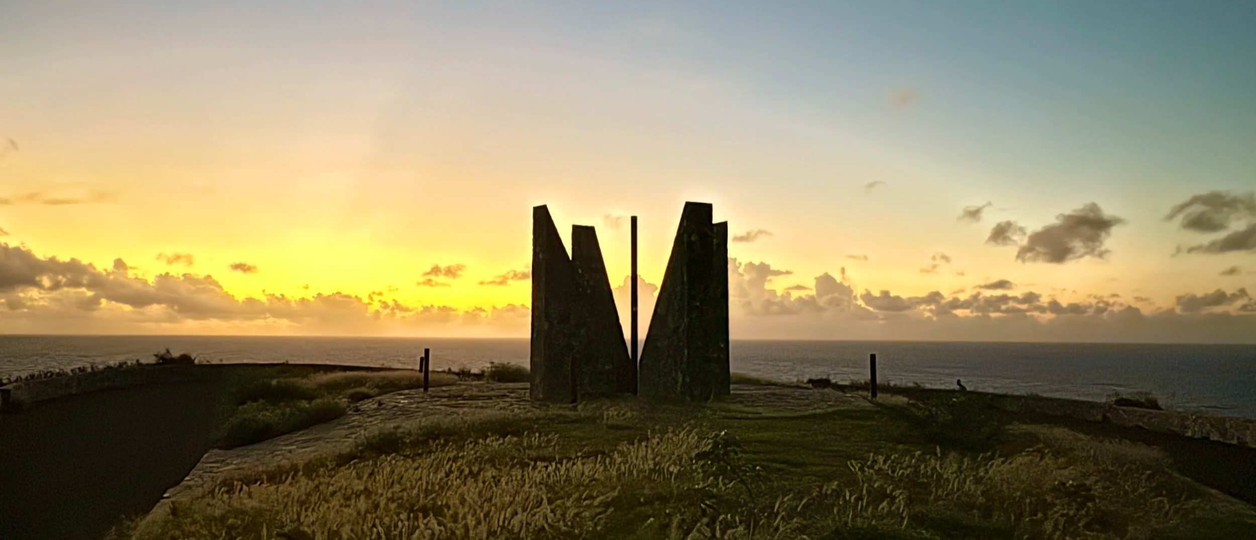 Sunrise at Point Udall, the first place the sun rises in the United States each day. The Millennium Monument also serves as a sundial during the day