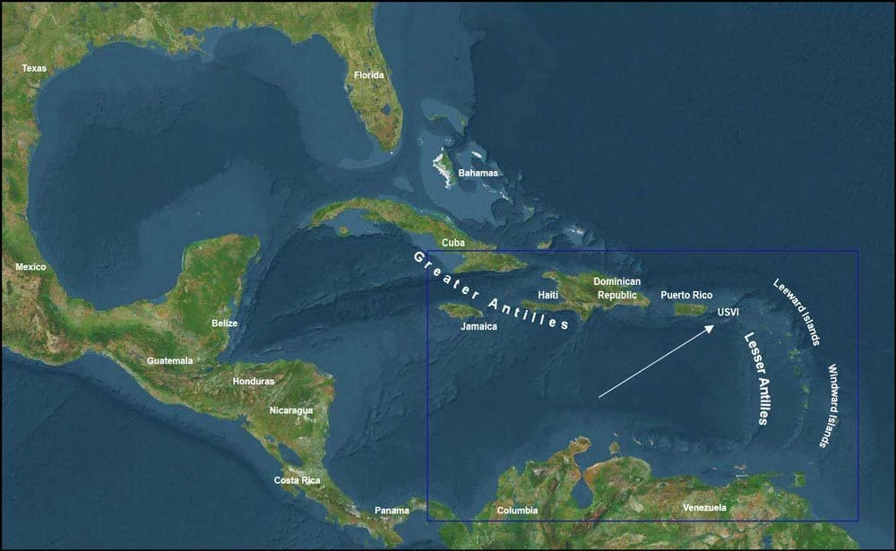 Location map for St. Croix, USVI in the Caribbean Sea, showing North America, South America, and Central America for reference