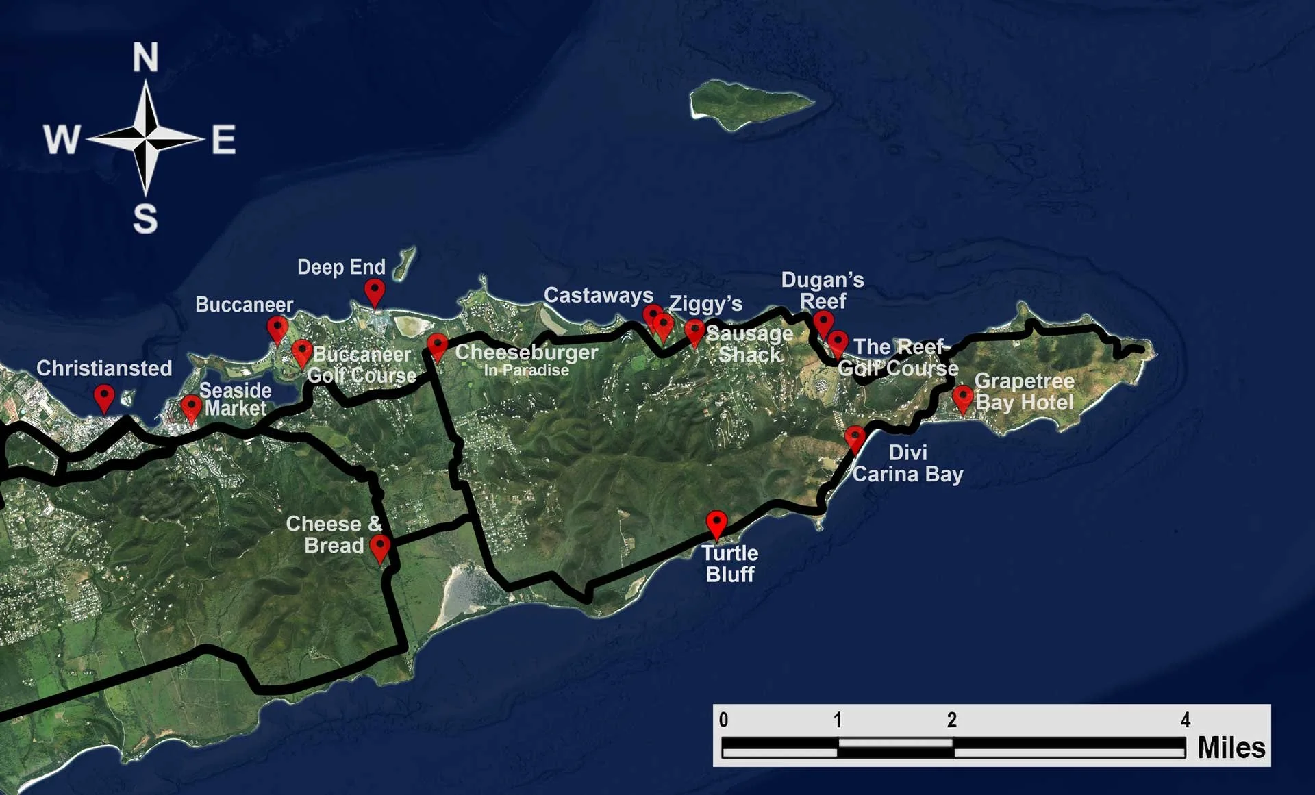 Map of the East End of St. Croix USVI featuring restaurants, delis, and hotels.