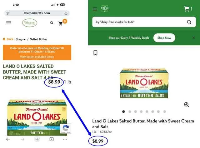Screenshots of online shopping pages for Land O Lakes salted butter in St Croix USVI and Miami, FL, showing the same price of $8.99 for 1 lb.
