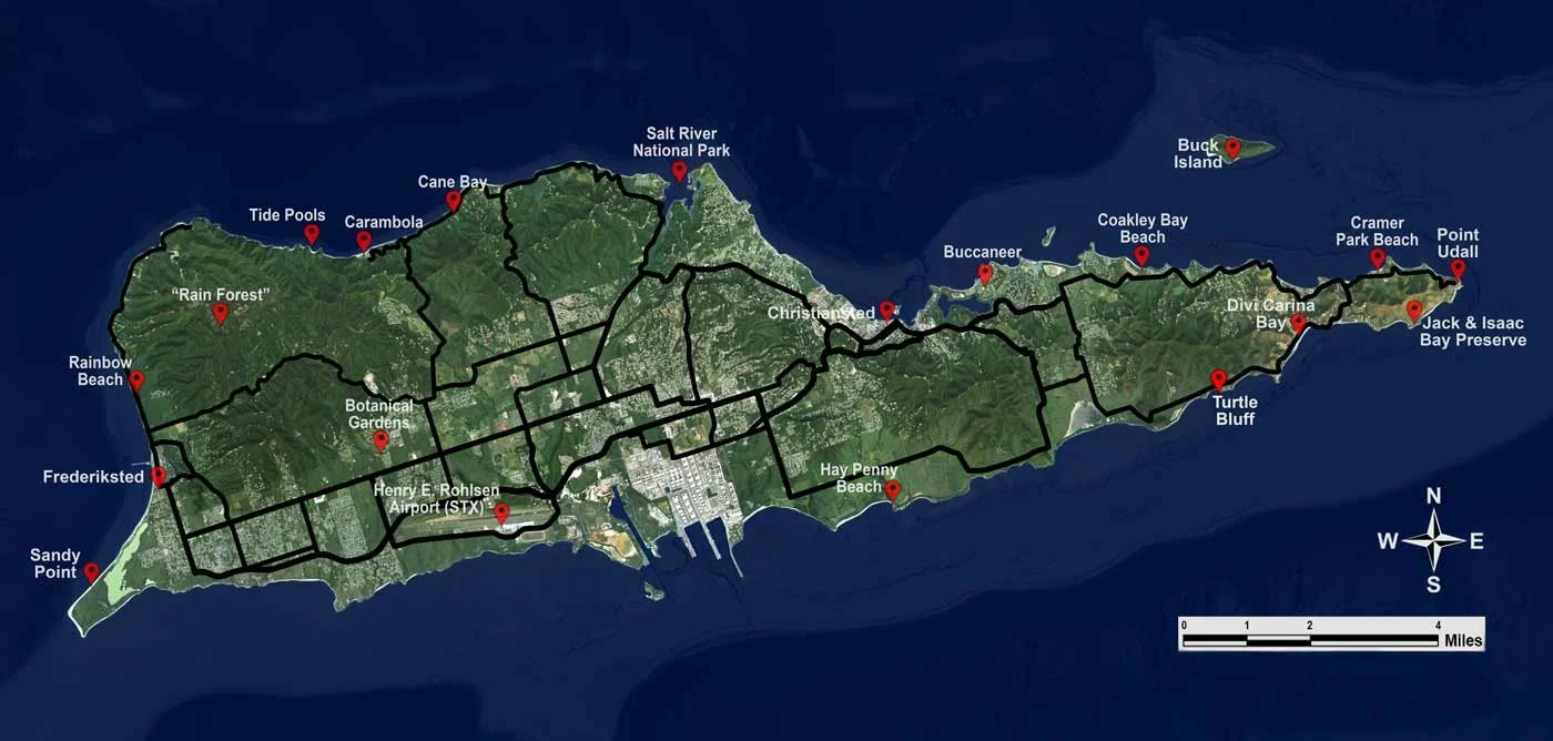 Map of St. Croix, US Virgin Islands, with roads emphasized and various points of interest.