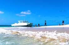 A boat excursion on Turtle Beach, on the west side of Buck Island, with people walking along the shore, under a clear blue sky.