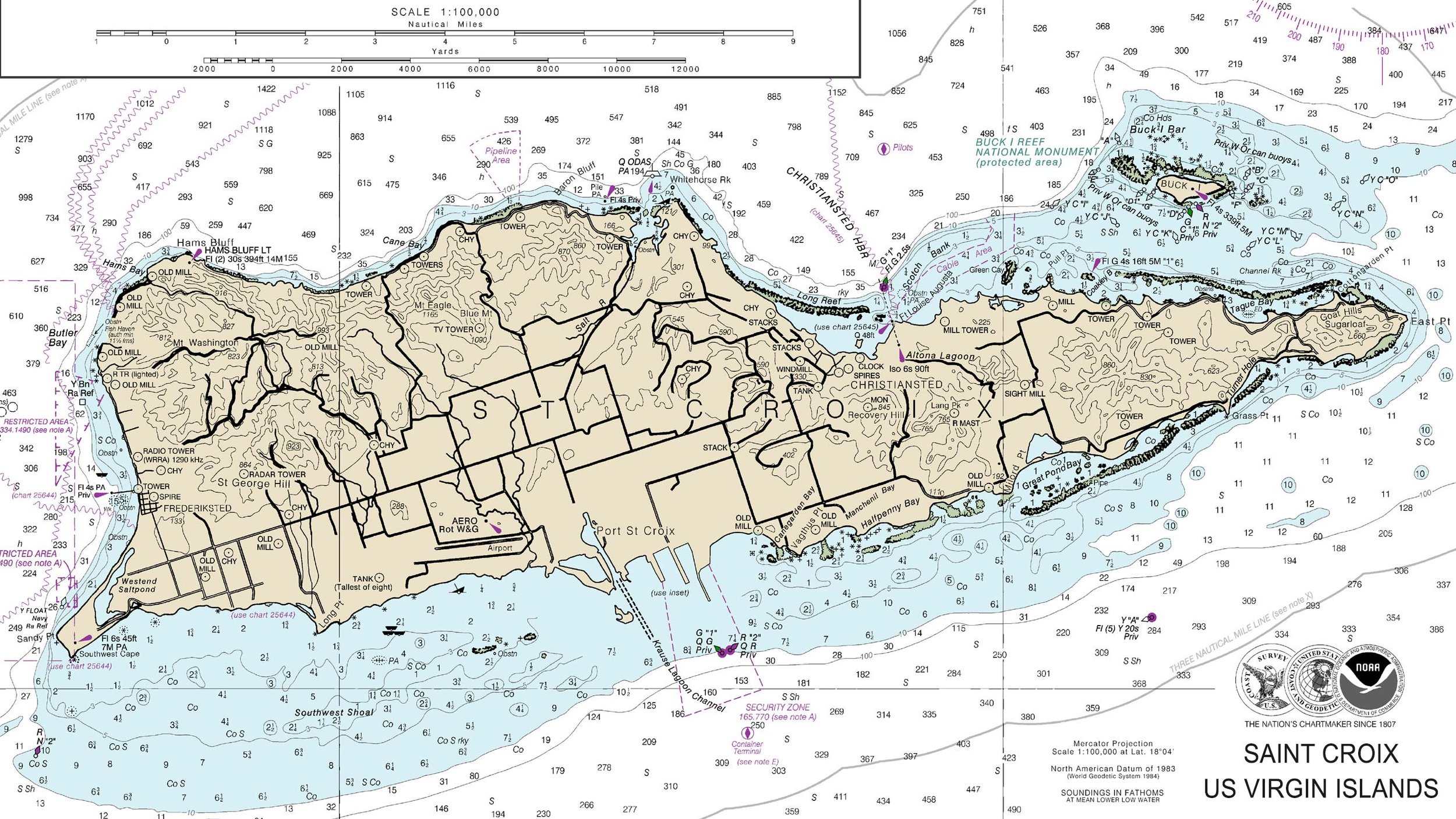 Nautical map of Saint Croix, US Virgin Islands, showing depth contours, coastlines, landmarks, navigational aids, and water channels.