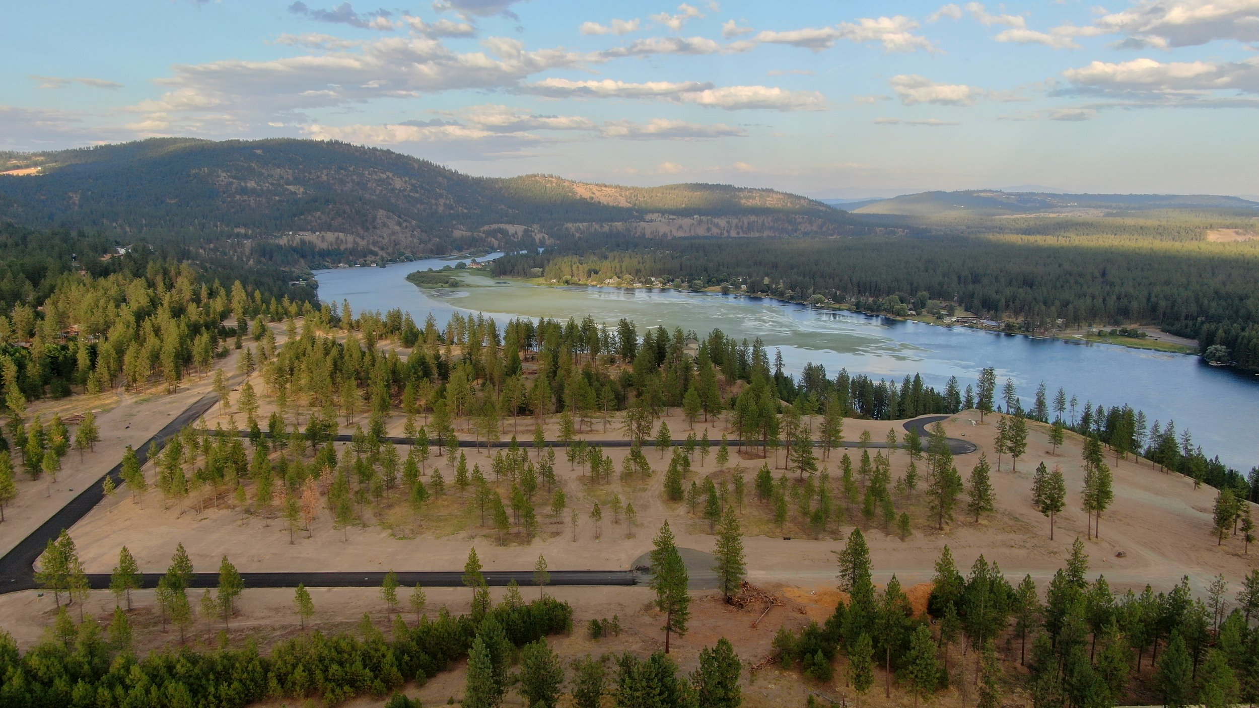 Aerial view of a winding river flowing through a forested landscape with hills in the background under partly cloudy sky.