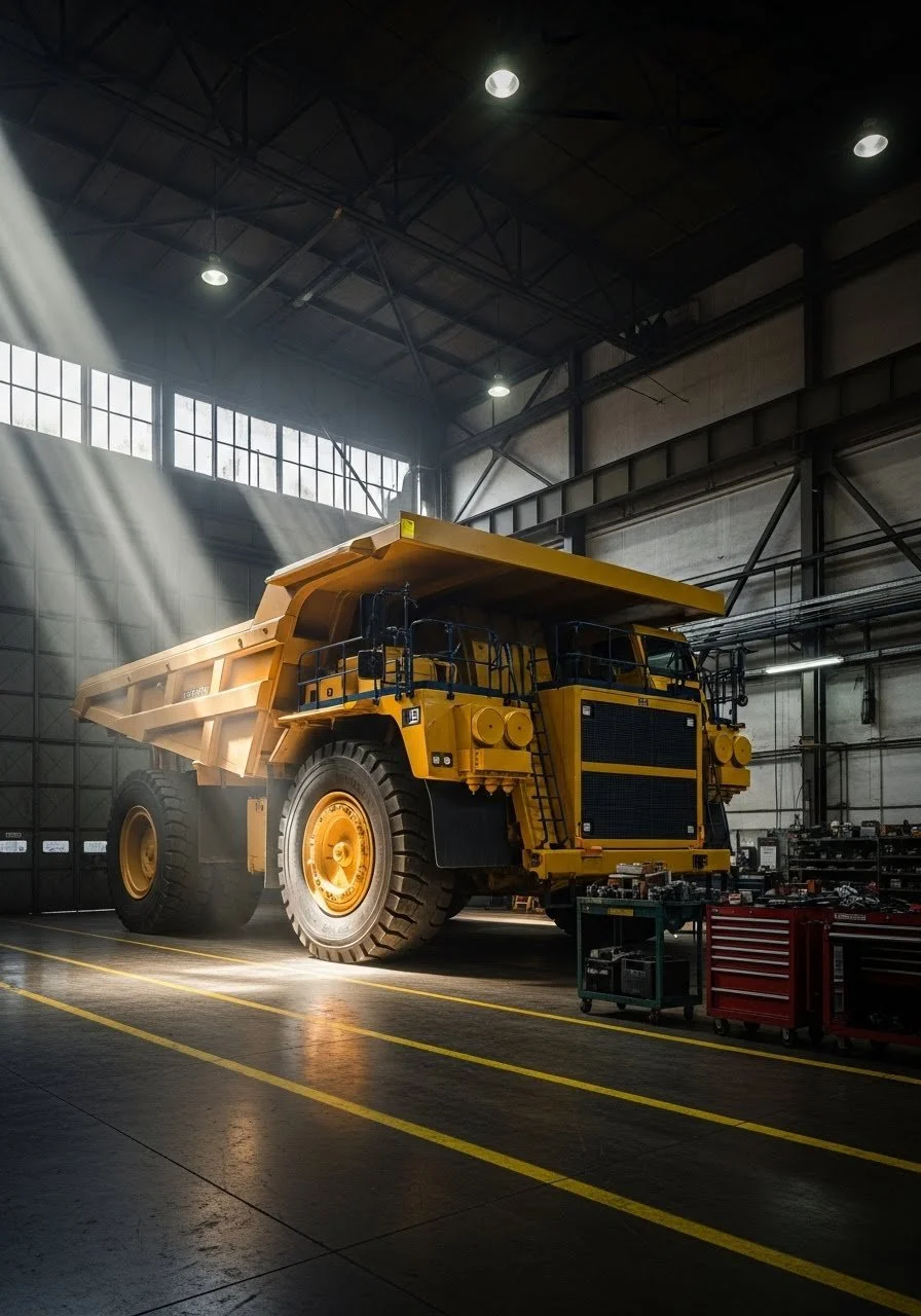 Inside a large industrial warehouse with high ceilings and windows, a massive yellow dump truck is positioned near workbenches and tool carts, illuminated by sunlight streaming through the windows.