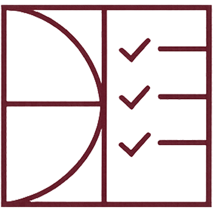 Geometric drawing of an outline square with sections divided by vertical, horizontal, and half circle lines.