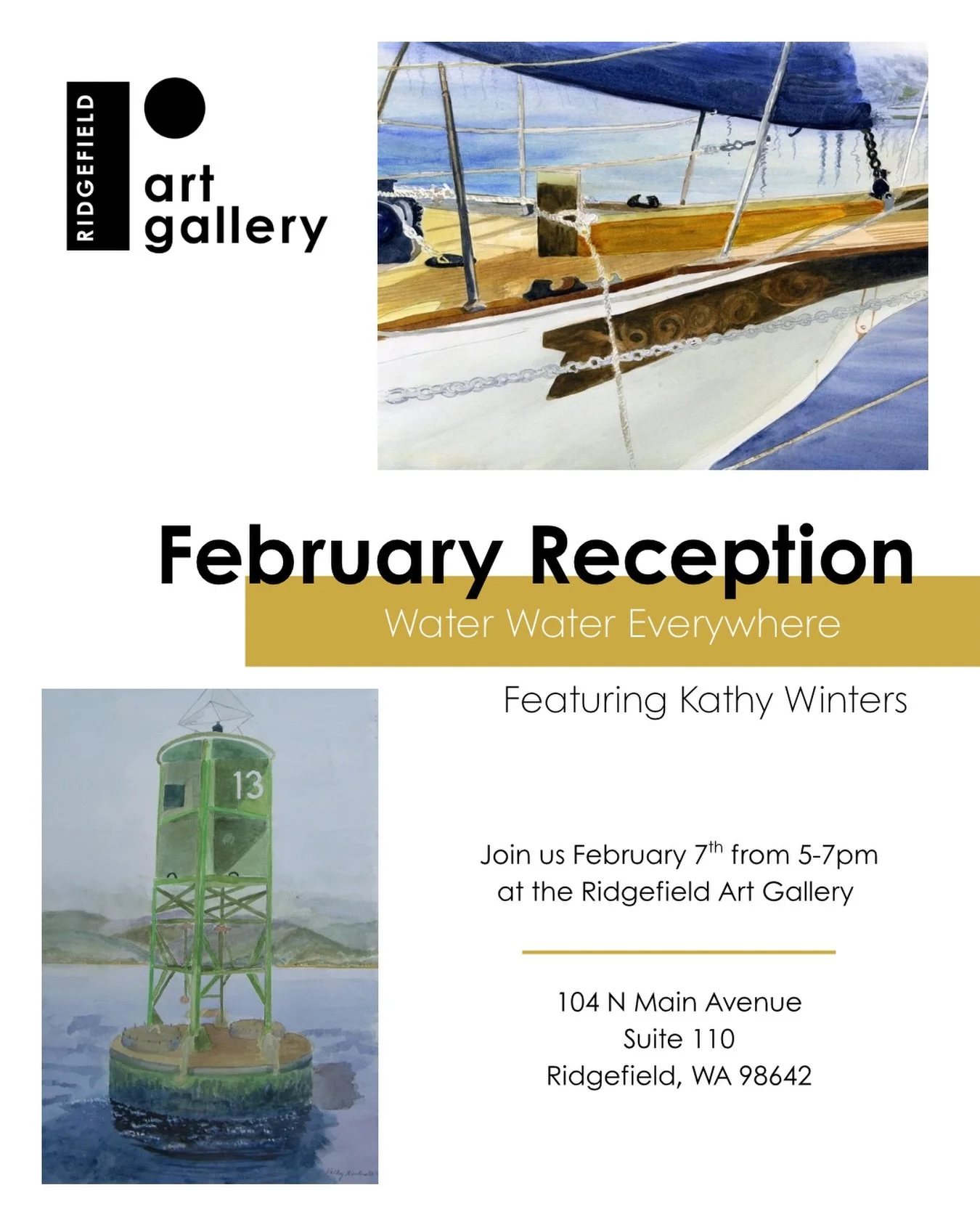 We are so pleased to announce that we are one week away from our next show - Water Water Everywhere with water colorist, Kathy Winters as our featured artist for the month of February. 

We hope you will join us on February 7th from 5-7pm at the gall