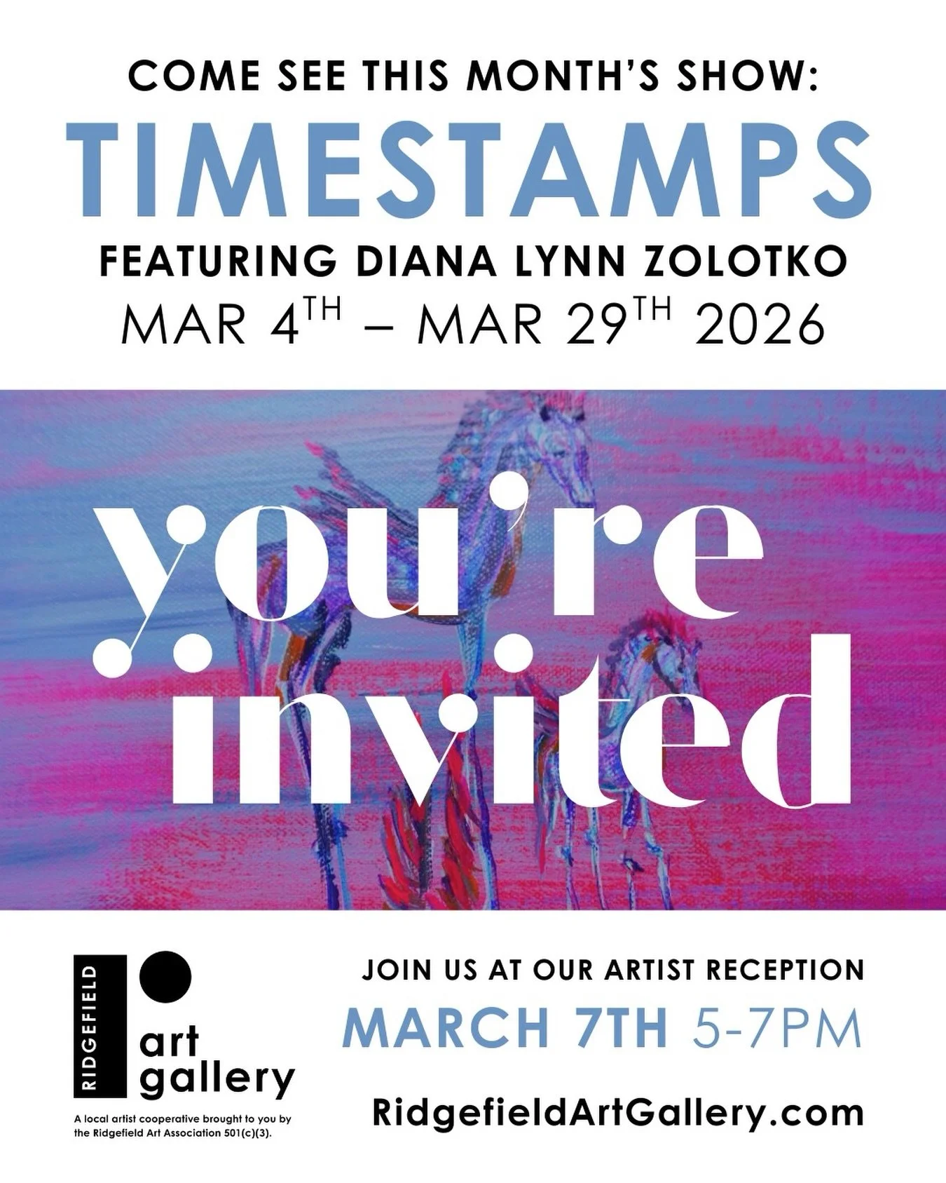 Get ready and mark your calendars! This Saturday from 5-7pm is the reception for Timestamps featuring Diana Zolotko. We hope to see you there!