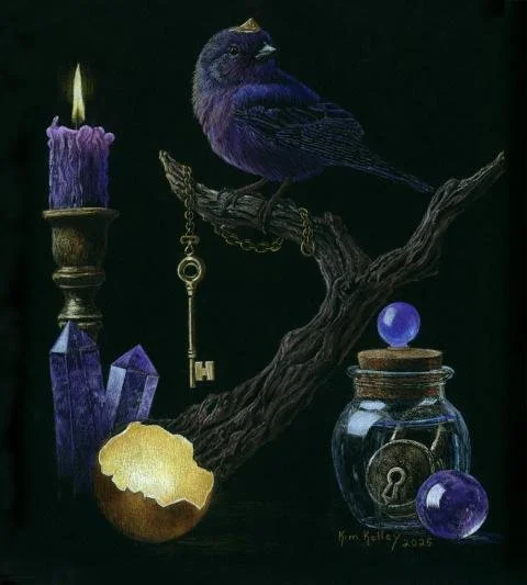 A purple bird wearing a tiny gold crown perches on a gnarled branch above a small arrangement of objects. Below it, a lit candle and two tall crystals stand beside a cracked golden egg, while a golden skeleton key hangs from the branch. Nearby, a gla