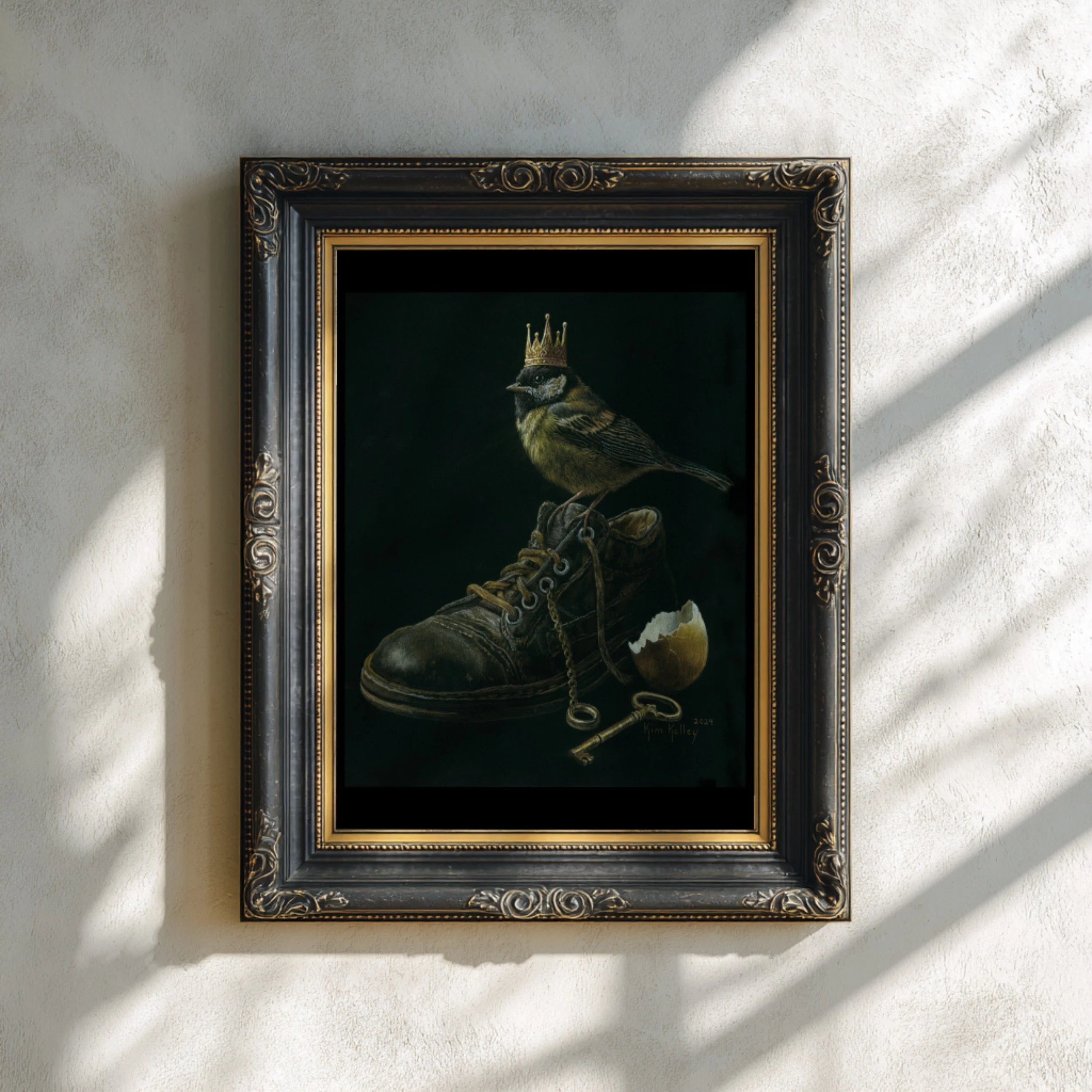 Mockup of ‘Bound by Love – Freed by Life’ fine art print from the Oracle of Feathers series, shown in a simple frame for presentation.