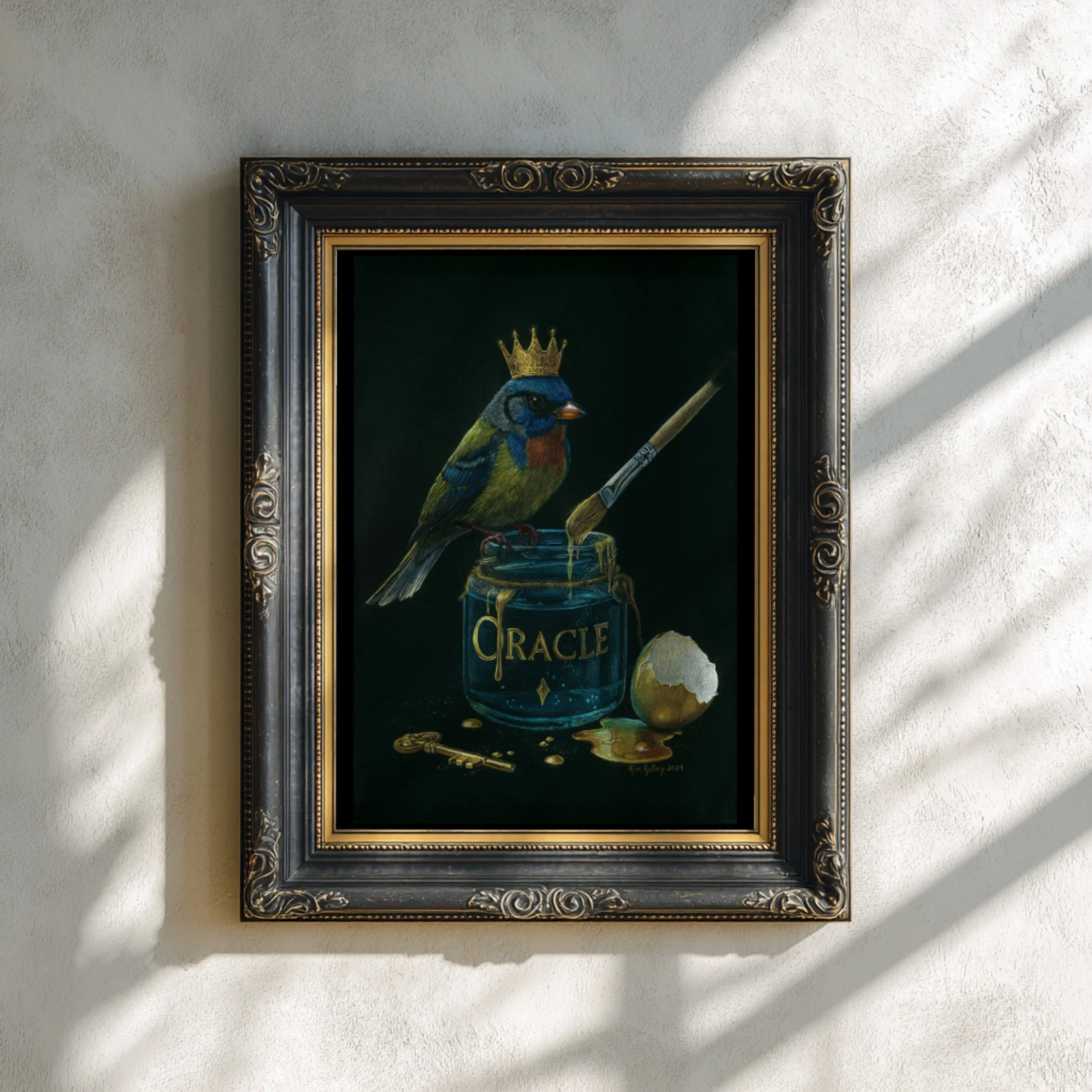 A framed presentation of a crowned bird perched on an oracle jar with gold paint, cracked egg, and key — rendered in colored pencil.