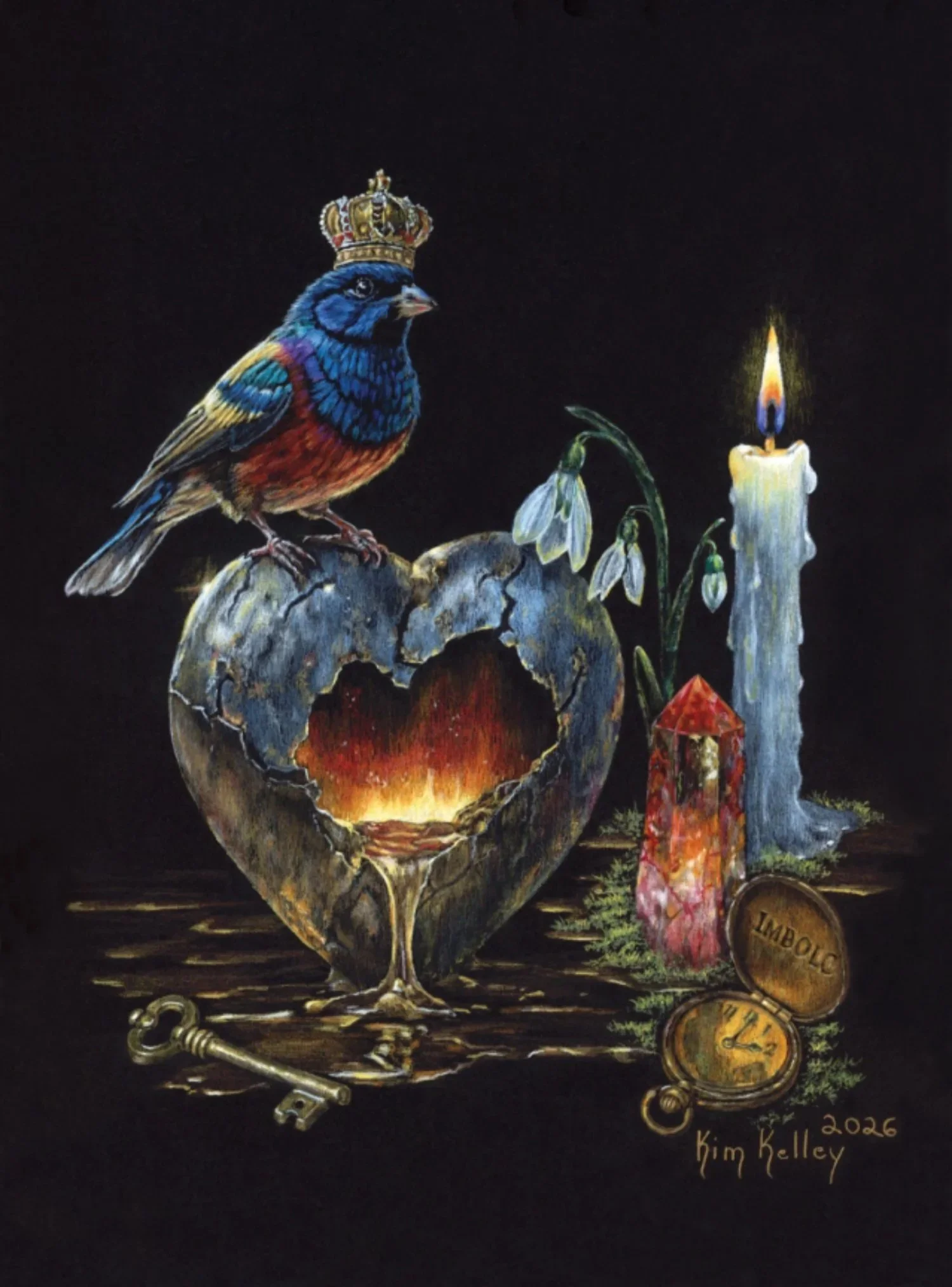 This scene represents the moment in the year when time begins to turn again. 
In the heart’s belly, a small flame burns hot enough to melt gold, the first thaw of spring. 
The watch marks the shift forward, while the candle and rising snowdrops signa