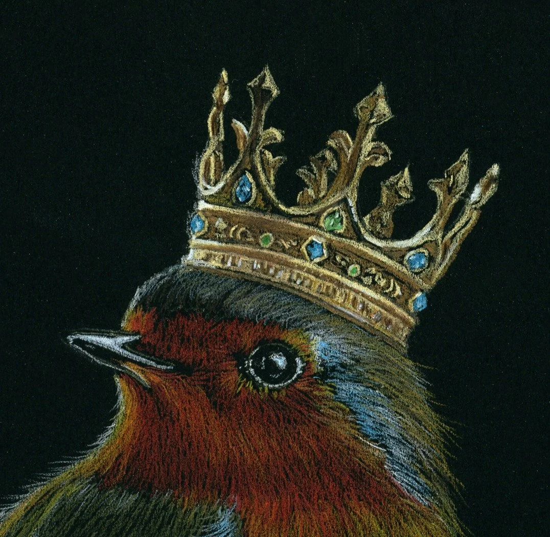 Close-up detail of the crowned bunting’s head from Kim Kelley’s colored pencil drawing, showing fine texture and symbolic surrealist rendering from the Oracle of Feathers series.