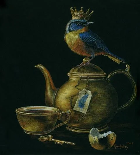 A crowned bird perches atop a cracked golden teapot, surrounded by a chained teabag, a teacup, a broken eggshell, and a golden skeleton key. The arrangement blends worn domestic objects with delicate natural details, creating a quiet, contemplative s