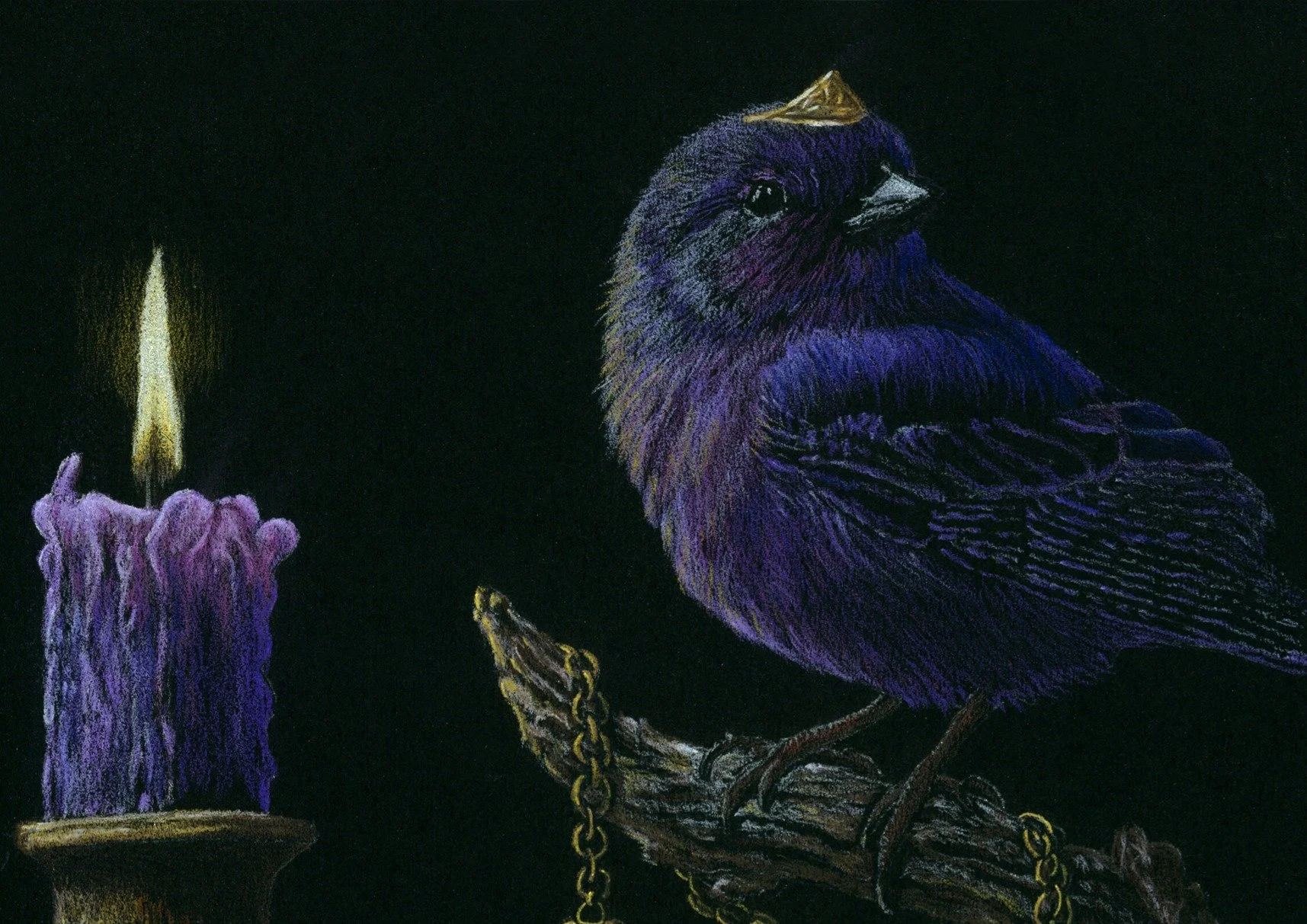 A crowned purple bird and glowing candle with golden chains — cropped detail from a symbolic colored pencil drawing. by artist Kim Kelley