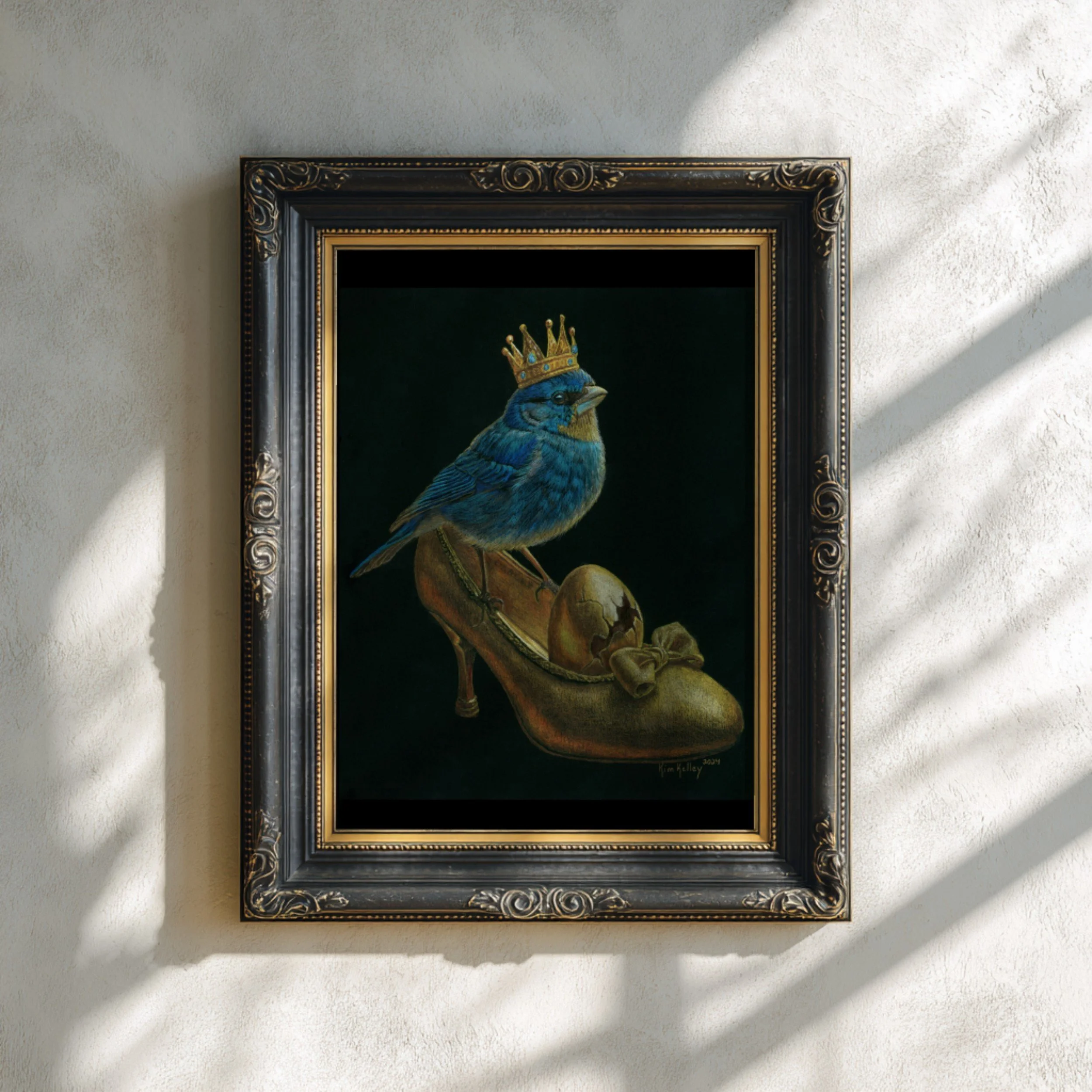 A framed presentation of a crowned bird on a golden shoe with a cracked egg — rendered in colored pencil.