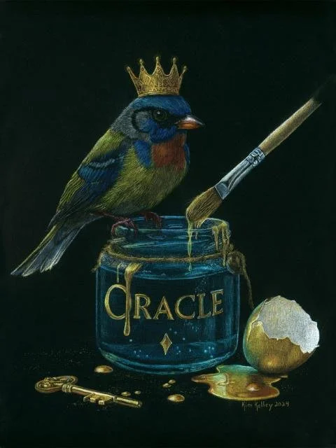 A crowned Painted Bunting perches on a glass jar filled with water, where a gold‑coated paintbrush rests. Liquid gold spilled around it.  A broken golden egg sits beside the jar, with a golden key nearby. The scene brings together natural and artisti