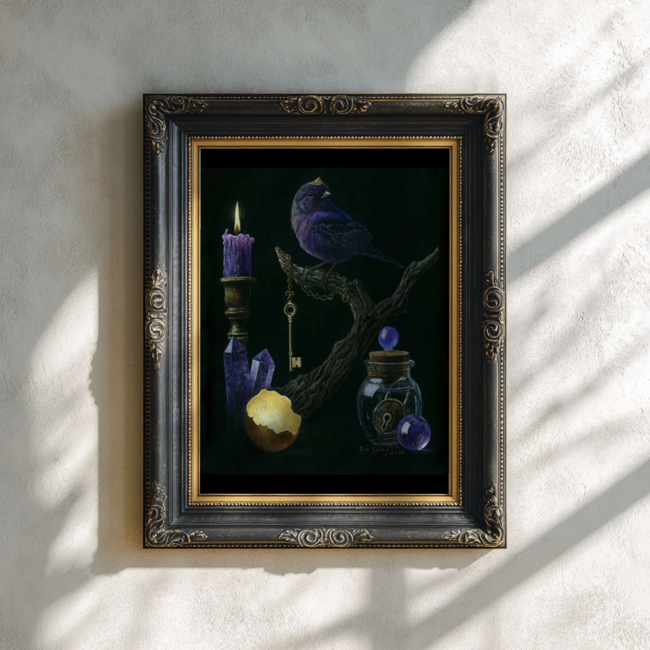 1“Mockup of ‘Locked Offering’ fine art print from the Oracle of Feathers series, colored pencil on black paper, shown in a simple frame for presentation.