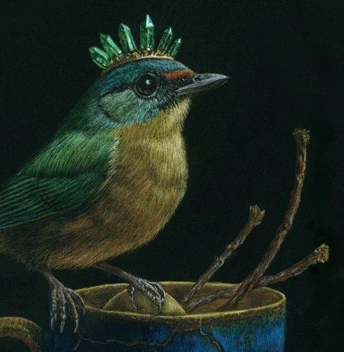Upper detail from ‘Stir the Awakened’ by Kim Kelley: crowned bird with emerald plumage perched beside upright twigs in a cracked teacup, rendered in colored pencil with symbolic precision