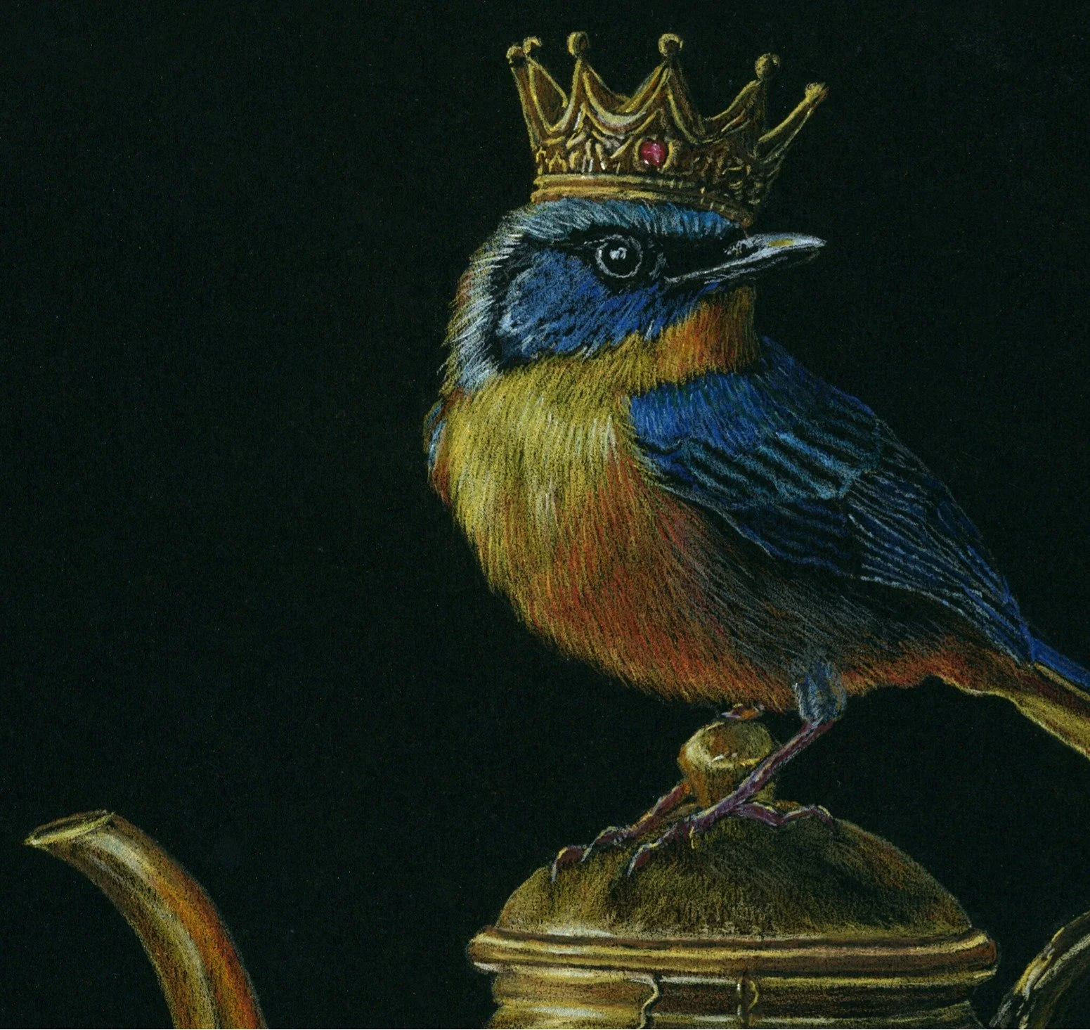 Close-up of a crowned painted bunting perched atop a golden teapot, rendered in colored pencil on black.
