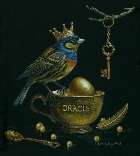A crowned bird stands on a cracked cup marked “ORACLE,” positioned beside a golden egg. Loose pearls, a spoon, and a feather rest around the base of the cup, while an antique key hangs from a chain on the branch above. The arrangement forms a compact