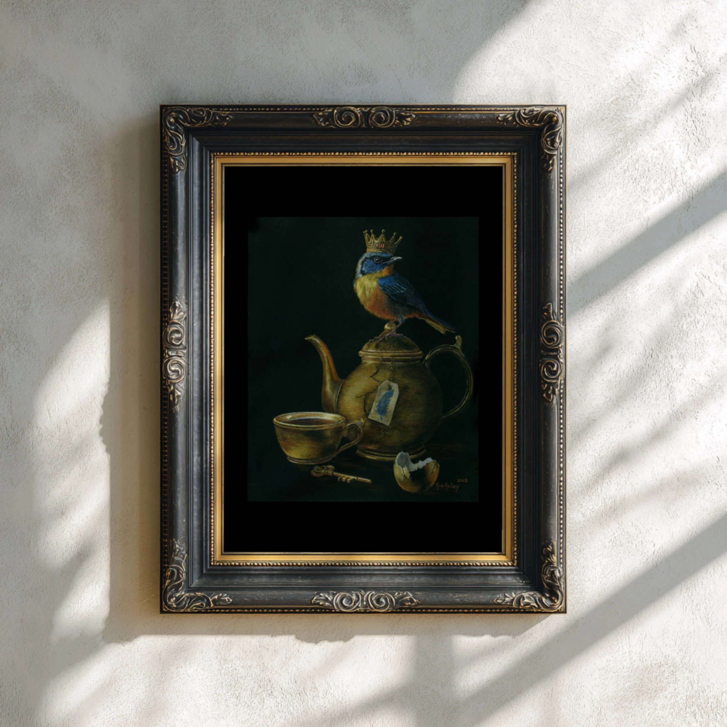 “Mockup of ‘Steeped In Memories’ fine art print from the Oracle of Feathers series, shown in a simple frame for presentation.”