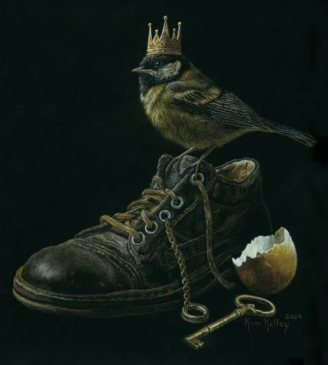 A crowned bird rests atop a worn work boot, accompanied by a cracked eggshell, a chained wedding band, and a skeleton key. The weathered textures of the boot contrast with the delicate details of the surrounding objects. The composition creates a gro