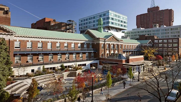 A historic brick building with a green roof, surrounded by trees with fall foliage, and modern high-rise buildings in the background in an urban park setting.